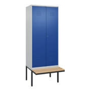 C+P Schwarz-Weiß-Spind Classic PLUS, Bank, 2 Abteile, 2120x800x815mm, 7035/5010, Verschluss Zylinderschloss, Sitzbanktyp auskragend, Material Sitzfläche Buche-Hartholz