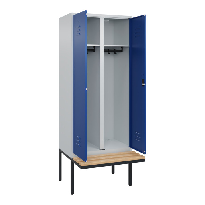 C+P Schwarz-Weiß-Spind Classic PLUS, Bank, 2 Abteile, 2120x800x815mm, 7035/5010, Verschluss Zylinderschloss, Sitzbanktyp auskragend, Material Sitzfläche Buche-Hartholz