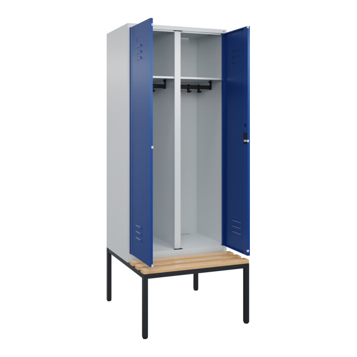 C+P Schwarz-Weiß-Spind Classic PLUS, Bank, 2 Abteile, 2120x800x815mm, 7035/5010, Verschluss Zylinderschloss, Sitzbanktyp untergebaut, Material Sitzfläche Buche-Hartholz