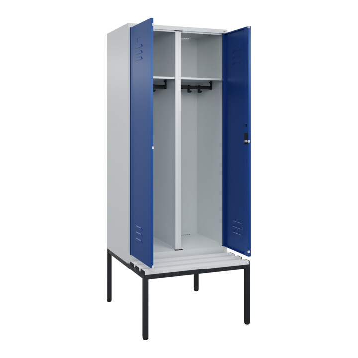 C+P Schwarz-Weiß-Spind Classic PLUS, Bank, 2 Abteile, 2120x800x815mm, 7035/5010, Verschluss Zylinderschloss, Sitzbanktyp untergebaut, Material Sitzfläche Kunststoff