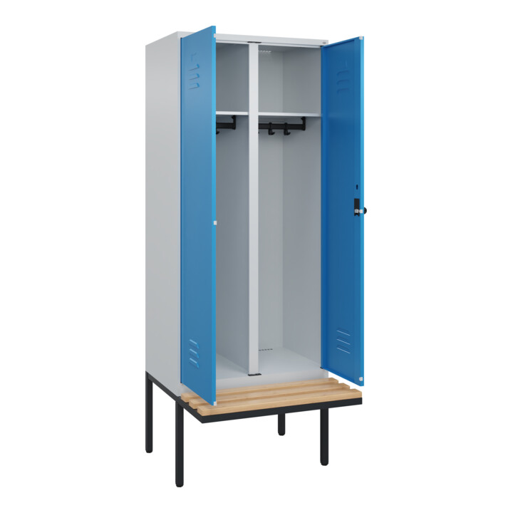 C+P Schwarz-Weiß-Spind Classic PLUS, Bank, 2 Abteile, 2120x800x815mm, 7035/5012, Verschluss Sicherheits-Drehriegel, Sitzbanktyp auskragend, Material Sitzfläche Buche-Hartholz