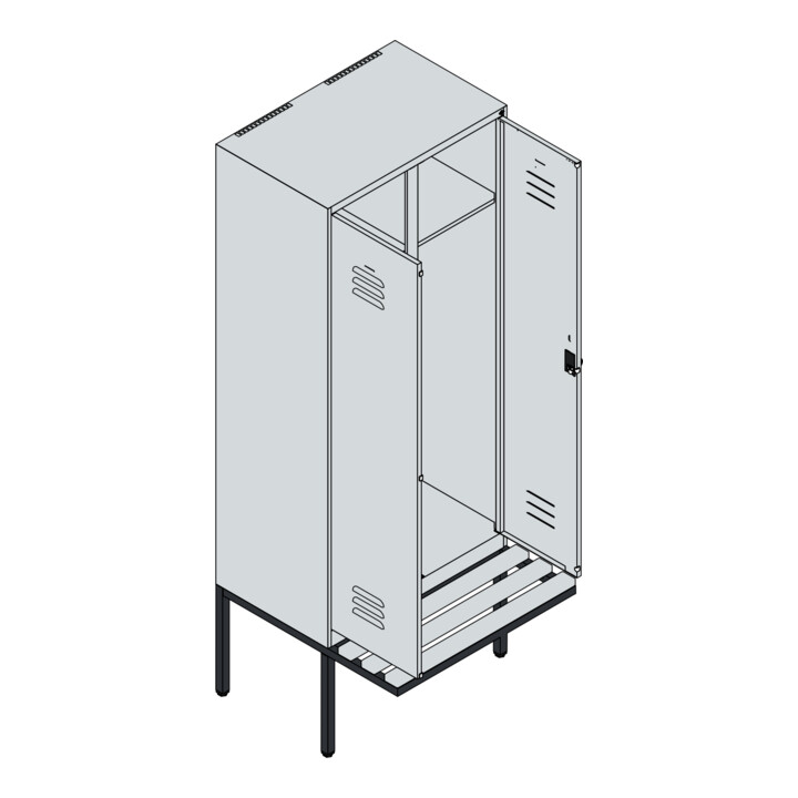 C+P Schwarz-Weiß-Spind Classic PLUS, Bank, 2 Abteile, 2120x800x815mm, 7035/5012, Verschluss Sicherheits-Drehriegel, Sitzbanktyp auskragend, Material Sitzfläche Kunststoff