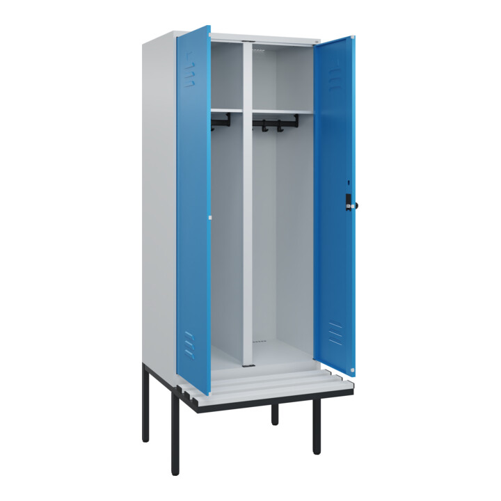 C+P Schwarz-Weiß-Spind Classic PLUS, Bank, 2 Abteile, 2120x800x815mm, 7035/5012, Verschluss Sicherheits-Drehriegel, Sitzbanktyp auskragend, Material Sitzfläche Kunststoff