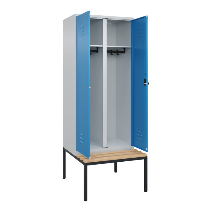 C+P Schwarz-Weiß-Spind Classic PLUS, Bank, 2 Abteile, 2120x800x815mm, 7035/5012, Verschluss Sicherheits-Drehriegel, Sitzbanktyp untergebaut, Material Sitzfläche Buche-Hartholz