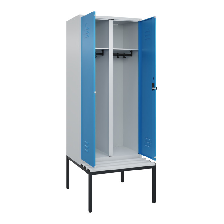 C+P Schwarz-Weiß-Spind Classic PLUS, Bank, 2 Abteile, 2120x800x815mm, 7035/5012, Verschluss Sicherheits-Drehriegel, Sitzbanktyp untergebaut, Material Sitzfläche Kunststoff