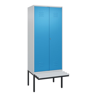 C+P Schwarz-Weiß-Spind Classic PLUS, Bank, 2 Abteile, 2120x800x815mm, 7035/5012, Verschluss Zylinderschloss, Sitzbanktyp auskragend, Material Sitzfläche Kunststoff