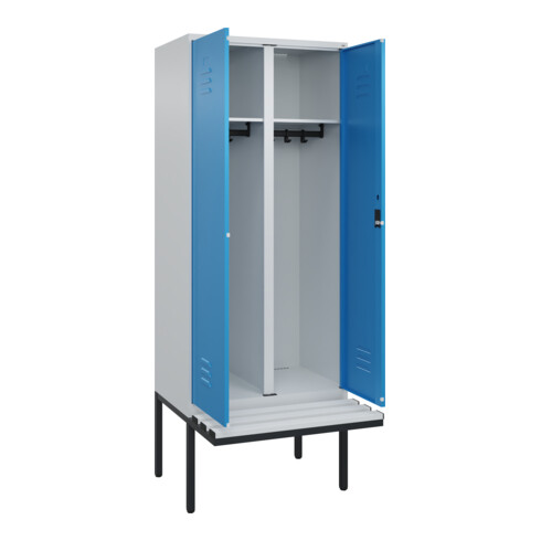 C+P Schwarz-Weiß-Spind Classic PLUS, Bank, 2 Abteile, 2120x800x815mm, 7035/5012, Verschluss Zylinderschloss, Sitzbanktyp auskragend, Material Sitzfläche Kunststoff