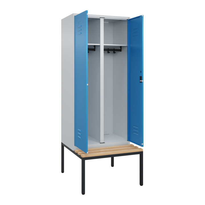 C+P Schwarz-Weiß-Spind Classic PLUS, Bank, 2 Abteile, 2120x800x815mm, 7035/5012, Verschluss Zylinderschloss, Sitzbanktyp untergebaut, Material Sitzfläche Buche-Hartholz