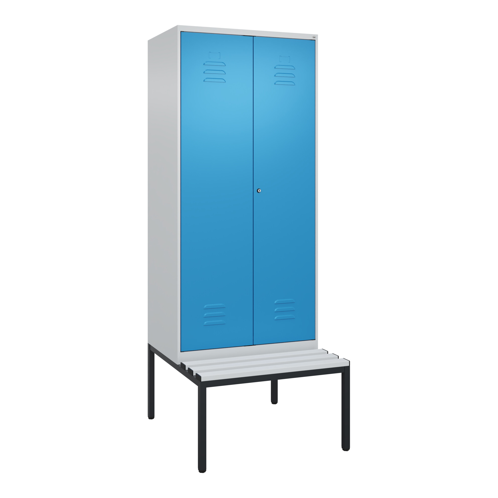 C+P Schwarz-Weiß-Spind Classic PLUS, Bank, 2 Abteile, 2120x800x815mm, 7035/5012, Verschluss Zylinderschloss, Sitzbanktyp untergebaut, Material Sitzflä