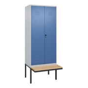 C+P Schwarz-Weiß-Spind Classic PLUS, Bank, 2 Abteile, 2120x800x815mm, 7035/5023, Verschluss Sicherheits-Drehriegel, Sitzbanktyp auskragend, Material Sitzfläche Buche-Hartholz