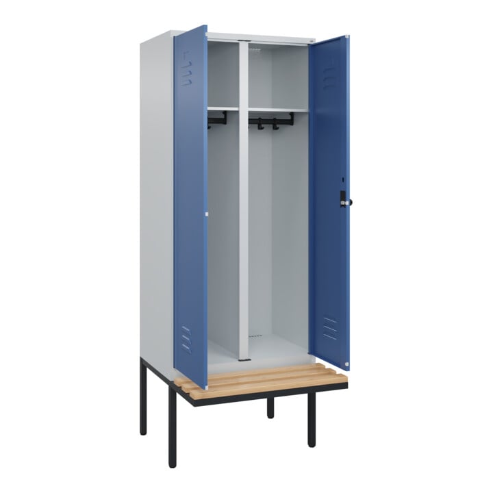 C+P Schwarz-Weiß-Spind Classic PLUS, Bank, 2 Abteile, 2120x800x815mm, 7035/5023, Verschluss Sicherheits-Drehriegel, Sitzbanktyp auskragend, Material Sitzfläche Buche-Hartholz