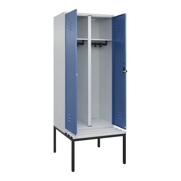 C+P Schwarz-Weiß-Spind Classic PLUS, Bank, 2 Abteile, 2120x800x815mm, 7035/5023, Verschluss Sicherheits-Drehriegel, Sitzbanktyp untergebaut, Material Sitzfläche Kunststoff