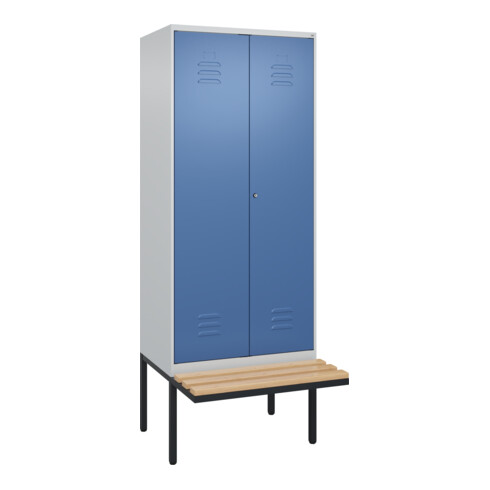C+P Schwarz-Weiß-Spind Classic PLUS, Bank, 2 Abteile, 2120x800x815mm, 7035/5023, Verschluss Zylinderschloss, Sitzbanktyp auskragend, Material Sitzfläche Buche-Hartholz