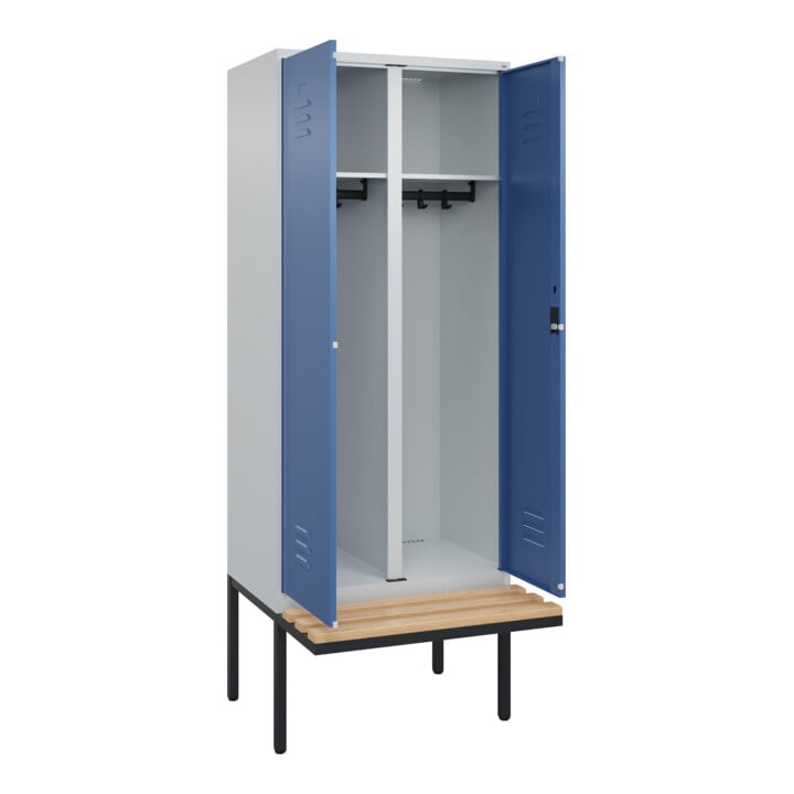 C+P Schwarz-Weiß-Spind Classic PLUS, Bank, 2 Abteile, 2120x800x815mm, 7035/5023, Verschluss Zylinderschloss, Sitzbanktyp auskragend, Material Sitzfläche Buche-Hartholz