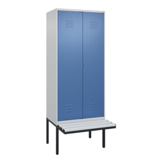 C+P Schwarz-Weiß-Spind Classic PLUS, Bank, 2 Abteile, 2120x800x815mm, 7035/5023, Verschluss Zylinderschloss, Sitzbanktyp auskragend, Material Sitzfläche Kunststoff