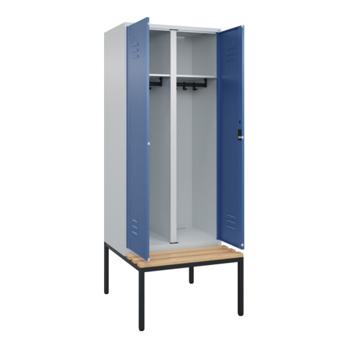 C+P Schwarz-Weiß-Spind Classic PLUS, Bank, 2 Abteile, 2120x800x815mm, 7035/5023, Verschluss Zylinderschloss, Sitzbanktyp untergebaut, Material Sitzfläche Buche-Hartholz