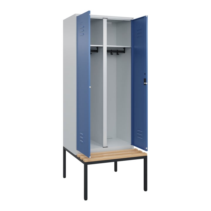 C+P Schwarz-Weiß-Spind Classic PLUS, Bank, 2 Abteile, 2120x800x815mm, 7035/5023, Verschluss Zylinderschloss, Sitzbanktyp untergebaut, Material Sitzfläche Buche-Hartholz
