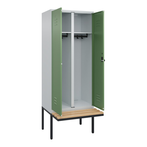 C+P Schwarz-Weiß-Spind Classic PLUS, Bank, 2 Abteile, 2120x800x815mm, 7035/6011, Verschluss Sicherheits-Drehriegel, Sitzbanktyp auskragend, Material Sitzfläche Buche-Hartholz