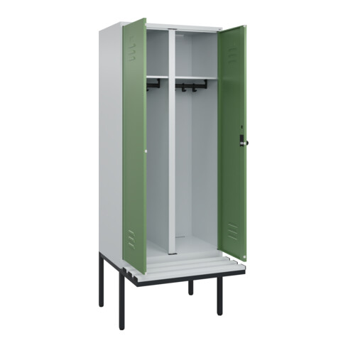 C+P Schwarz-Weiß-Spind Classic PLUS, Bank, 2 Abteile, 2120x800x815mm, 7035/6011, Verschluss Sicherheits-Drehriegel, Sitzbanktyp auskragend, Material Sitzfläche Kunststoff