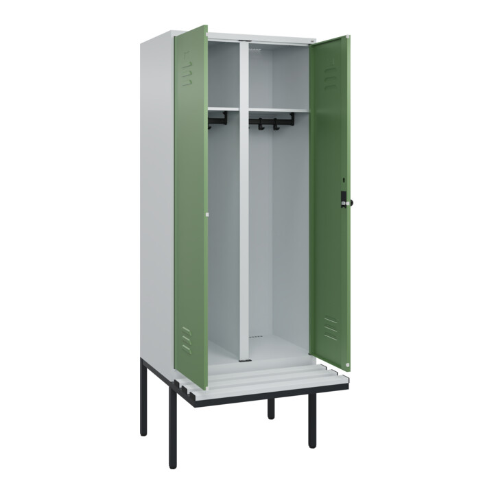 C+P Schwarz-Weiß-Spind Classic PLUS, Bank, 2 Abteile, 2120x800x815mm, 7035/6011, Verschluss Sicherheits-Drehriegel, Sitzbanktyp auskragend, Material Sitzfläche Kunststoff