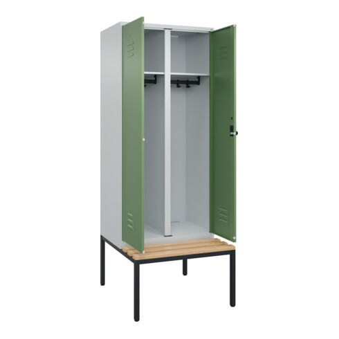 C+P Schwarz-Weiß-Spind Classic PLUS, Bank, 2 Abteile, 2120x800x815mm, 7035/6011, Verschluss Sicherheits-Drehriegel, Sitzbanktyp untergebaut, Material Sitzfläche Buche-Hartholz