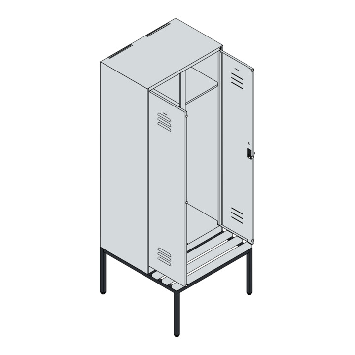 C+P Schwarz-Weiß-Spind Classic PLUS, Bank, 2 Abteile, 2120x800x815mm, 7035/6011, Verschluss Sicherheits-Drehriegel, Sitzbanktyp untergebaut, Material Sitzfläche Buche-Hartholz