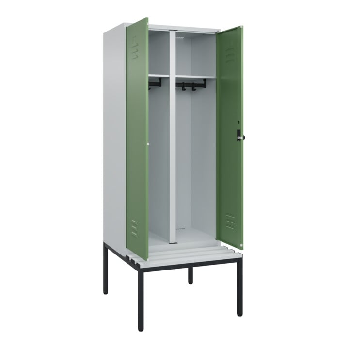 C+P Schwarz-Weiß-Spind Classic PLUS, Bank, 2 Abteile, 2120x800x815mm, 7035/6011, Verschluss Sicherheits-Drehriegel, Sitzbanktyp untergebaut, Material Sitzfläche Kunststoff