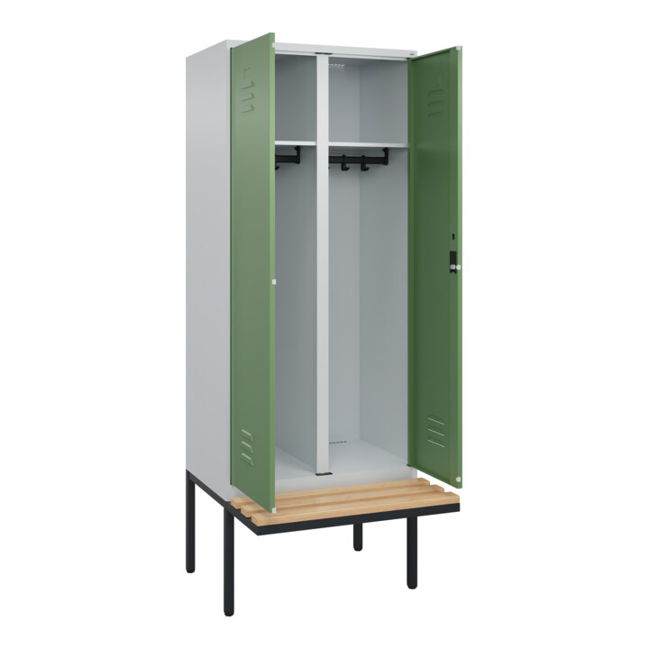 C+P Schwarz-Weiß-Spind Classic PLUS, Bank, 2 Abteile, 2120x800x815mm, 7035/6011, Verschluss Zylinderschloss, Sitzbanktyp auskragend, Material Sitzfläche Buche-Hartholz