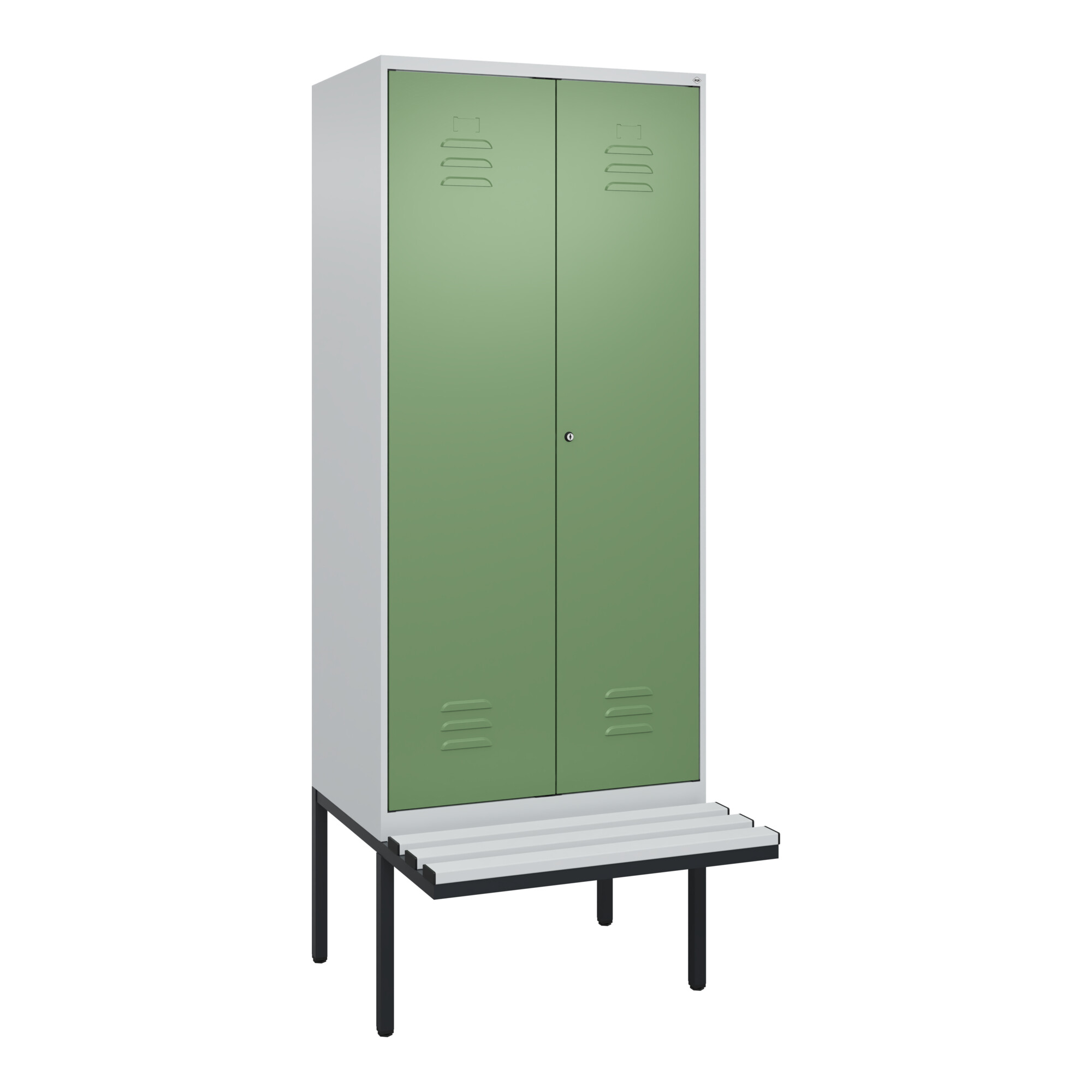 C+P Schwarz-Weiß-Spind Classic PLUS, Bank, 2 Abteile, 2120x800x815mm, 7035/6011, Verschluss Zylinderschloss, Sitzbanktyp auskragend, Material Sitzfläc