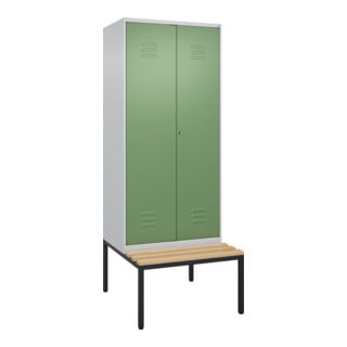 C+P Schwarz-Weiß-Spind Classic PLUS, Bank, 2 Abteile, 2120x800x815mm, 7035/6011, Verschluss Zylinderschloss, Sitzbanktyp untergebaut, Material Sitzfläche Buche-Hartholz