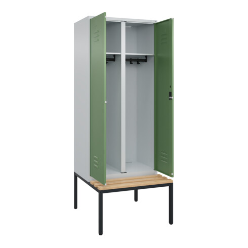 C+P Schwarz-Weiß-Spind Classic PLUS, Bank, 2 Abteile, 2120x800x815mm, 7035/6011, Verschluss Zylinderschloss, Sitzbanktyp untergebaut, Material Sitzfläche Buche-Hartholz