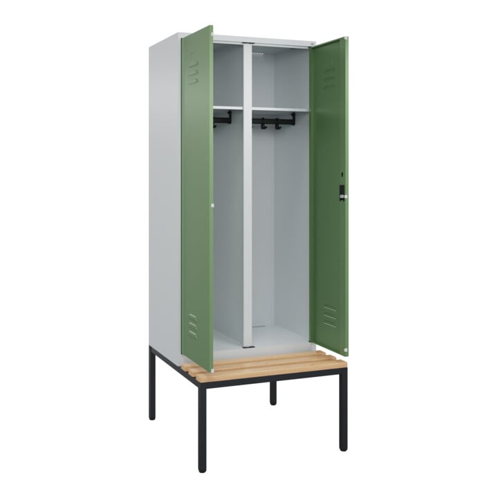 C+P Schwarz-Weiß-Spind Classic PLUS, Bank, 2 Abteile, 2120x800x815mm, 7035/6011, Verschluss Zylinderschloss, Sitzbanktyp untergebaut, Material Sitzfläche Buche-Hartholz