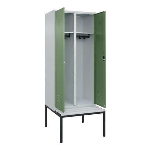C+P Schwarz-Weiß-Spind Classic PLUS, Bank, 2 Abteile, 2120x800x815mm, 7035/6011, Verschluss Zylinderschloss, Sitzbanktyp untergebaut, Material Sitzfläche Kunststoff