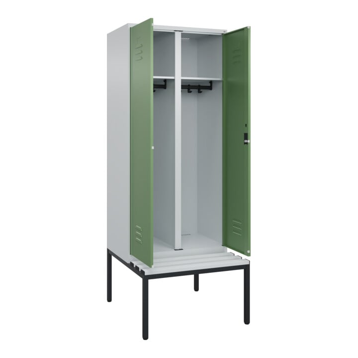 C+P Schwarz-Weiß-Spind Classic PLUS, Bank, 2 Abteile, 2120x800x815mm, 7035/6011, Verschluss Zylinderschloss, Sitzbanktyp untergebaut, Material Sitzfläche Kunststoff