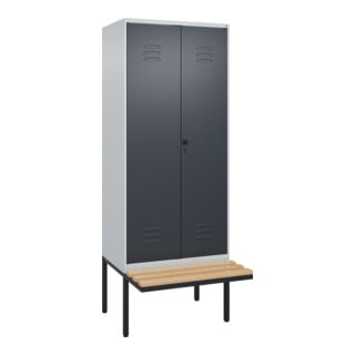 C+P Schwarz-Weiß-Spind Classic PLUS, Bank, 2 Abteile, 2120x800x815mm, 7035/7016, Verschluss Sicherheits-Drehriegel, Sitzbanktyp auskragend, Material Sitzfläche Buche-Hartholz