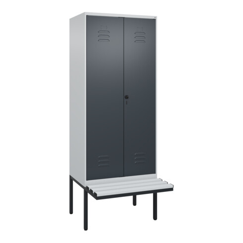 C+P Schwarz-Weiß-Spind Classic PLUS, Bank, 2 Abteile, 2120x800x815mm, 7035/7016, Verschluss Sicherheits-Drehriegel, Sitzbanktyp auskragend, Material Sitzfläche Kunststoff