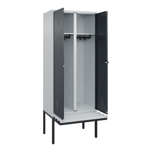 C+P Schwarz-Weiß-Spind Classic PLUS, Bank, 2 Abteile, 2120x800x815mm, 7035/7016, Verschluss Sicherheits-Drehriegel, Sitzbanktyp auskragend, Material Sitzfläche Kunststoff