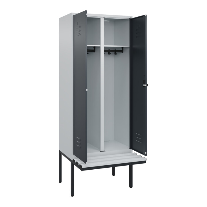 C+P Schwarz-Weiß-Spind Classic PLUS, Bank, 2 Abteile, 2120x800x815mm, 7035/7016, Verschluss Sicherheits-Drehriegel, Sitzbanktyp auskragend, Material Sitzfläche Kunststoff