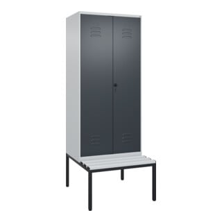 C+P Schwarz-Weiß-Spind Classic PLUS, Bank, 2 Abteile, 2120x800x815mm, 7035/7016, Verschluss Sicherheits-Drehriegel, Sitzbanktyp untergebaut, Material Sitzfläche Kunststoff