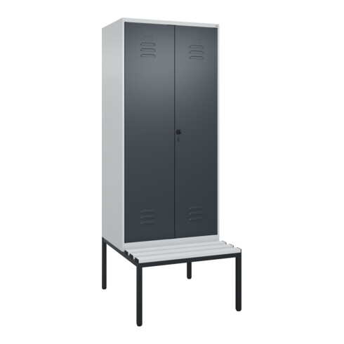 C+P Schwarz-Weiß-Spind Classic PLUS, Bank, 2 Abteile, 2120x800x815mm, 7035/7016, Verschluss Sicherheits-Drehriegel, Sitzbanktyp untergebaut, Material Sitzfläche Kunststoff