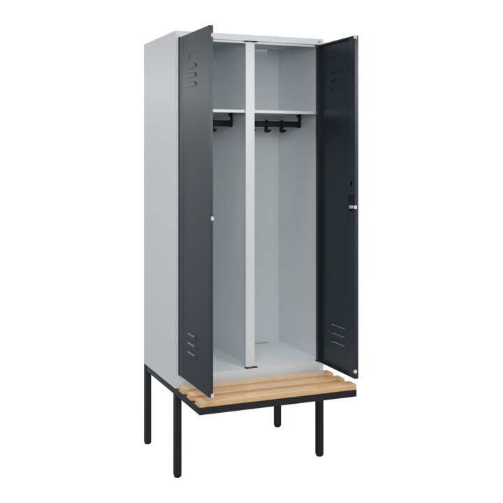 C+P Schwarz-Weiß-Spind Classic PLUS, Bank, 2 Abteile, 2120x800x815mm, 7035/7016, Verschluss Zylinderschloss, Sitzbanktyp auskragend, Material Sitzfläche Buche-Hartholz