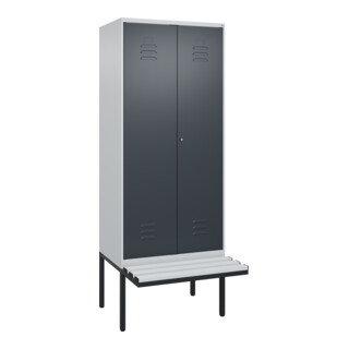 C+P Schwarz-Weiß-Spind Classic PLUS, Bank, 2 Abteile, 2120x800x815mm, 7035/7016, Verschluss Zylinderschloss, Sitzbanktyp auskragend, Material Sitzfläche Kunststoff