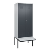 C+P Schwarz-Weiß-Spind Classic PLUS, Bank, 2 Abteile, 2120x800x815mm, 7035/7016, Verschluss Zylinderschloss, Sitzbanktyp auskragend, Material Sitzfläche Kunststoff