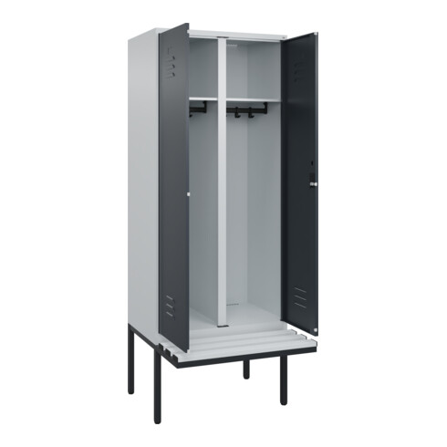 C+P Schwarz-Weiß-Spind Classic PLUS, Bank, 2 Abteile, 2120x800x815mm, 7035/7016, Verschluss Zylinderschloss, Sitzbanktyp auskragend, Material Sitzfläche Kunststoff