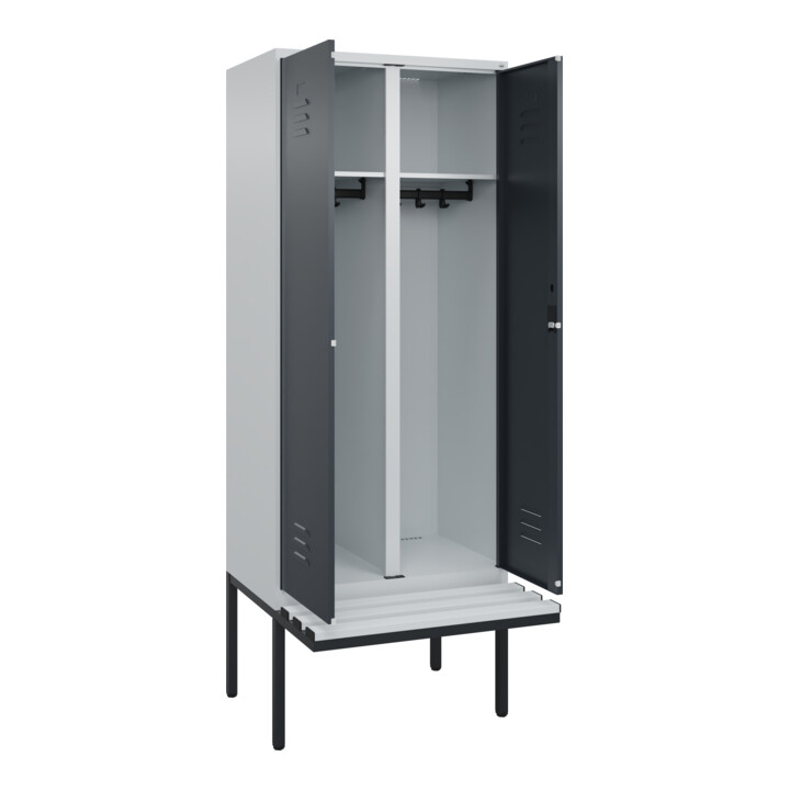 C+P Schwarz-Weiß-Spind Classic PLUS, Bank, 2 Abteile, 2120x800x815mm, 7035/7016, Verschluss Zylinderschloss, Sitzbanktyp auskragend, Material Sitzfläche Kunststoff