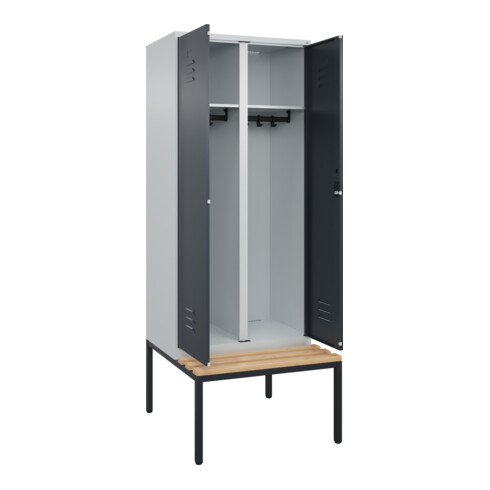C+P Schwarz-Weiß-Spind Classic PLUS, Bank, 2 Abteile, 2120x800x815mm, 7035/7016, Verschluss Zylinderschloss, Sitzbanktyp untergebaut, Material Sitzfläche Buche-Hartholz