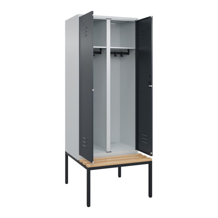 C+P Schwarz-Weiß-Spind Classic PLUS, Bank, 2 Abteile, 2120x800x815mm, 7035/7016, Verschluss Zylinderschloss, Sitzbanktyp untergebaut, Material Sitzfläche Buche-Hartholz
