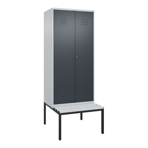 C+P Schwarz-Weiß-Spind Classic PLUS, Bank, 2 Abteile, 2120x800x815mm, 7035/7016, Verschluss Zylinderschloss, Sitzbanktyp untergebaut, Material Sitzfläche Kunststoff