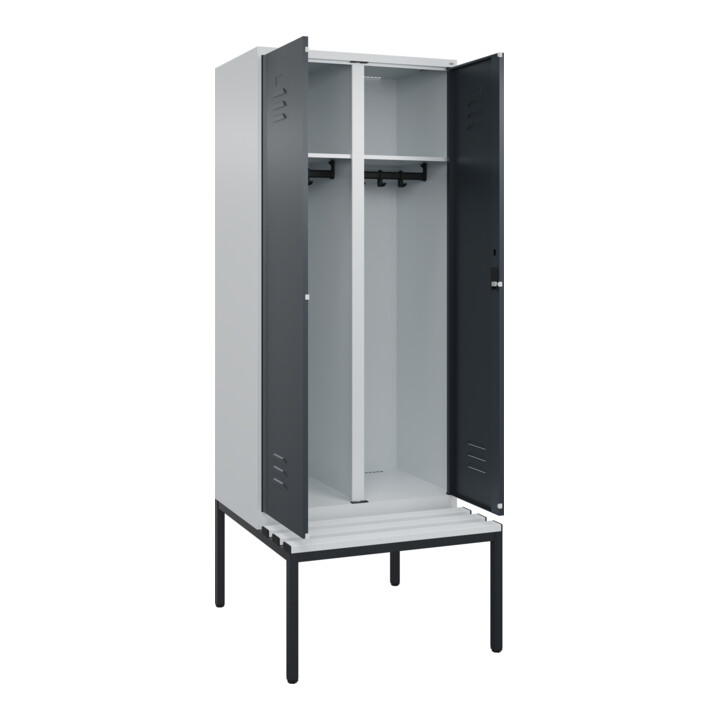 C+P Schwarz-Weiß-Spind Classic PLUS, Bank, 2 Abteile, 2120x800x815mm, 7035/7016, Verschluss Zylinderschloss, Sitzbanktyp untergebaut, Material Sitzfläche Kunststoff