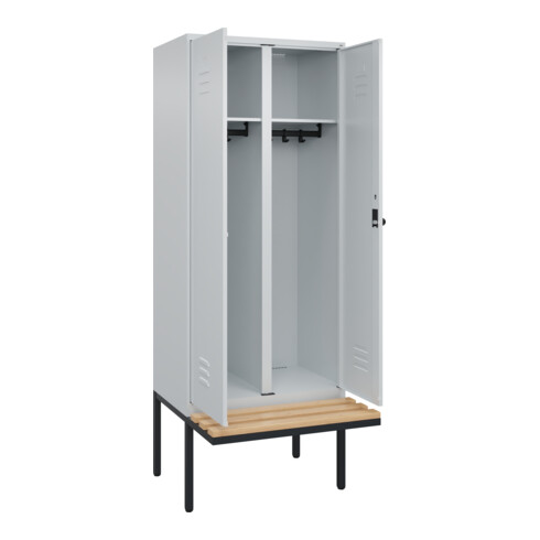 C+P Schwarz-Weiß-Spind Classic PLUS, Bank, 2 Abteile, 2120x800x815mm, 7035/7035, Verschluss Sicherheits-Drehriegel, Sitzbanktyp auskragend, Material Sitzfläche Buche-Hartholz